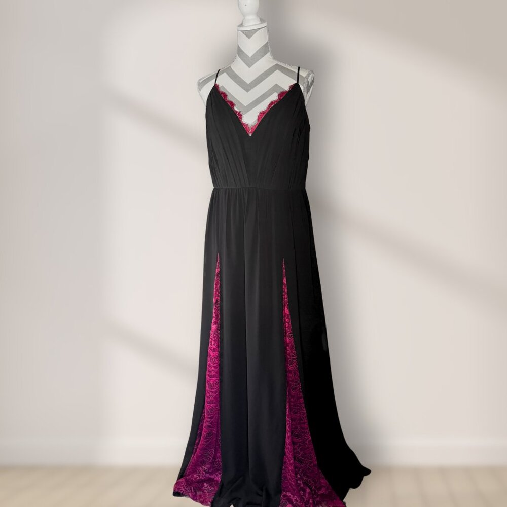 NWOT Size 14 - Haley Paige Occasions - Black Chiffon Gown with Red Lace Trim